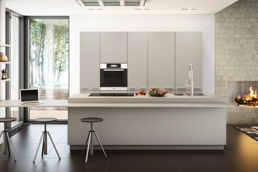 Matt light grey modern kitchen with Miele appliances