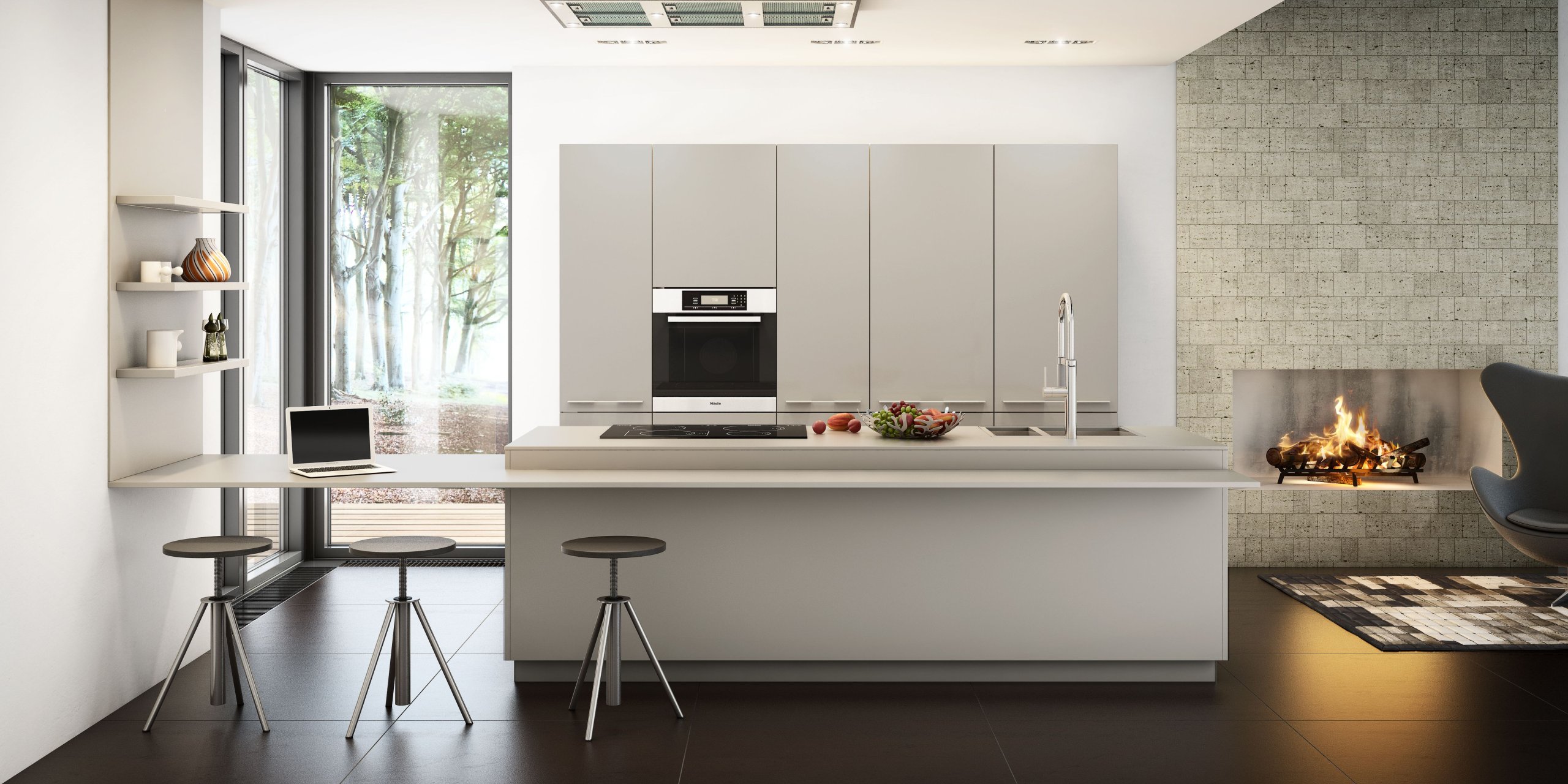 Matt light grey modern kitchen with Miele appliances
