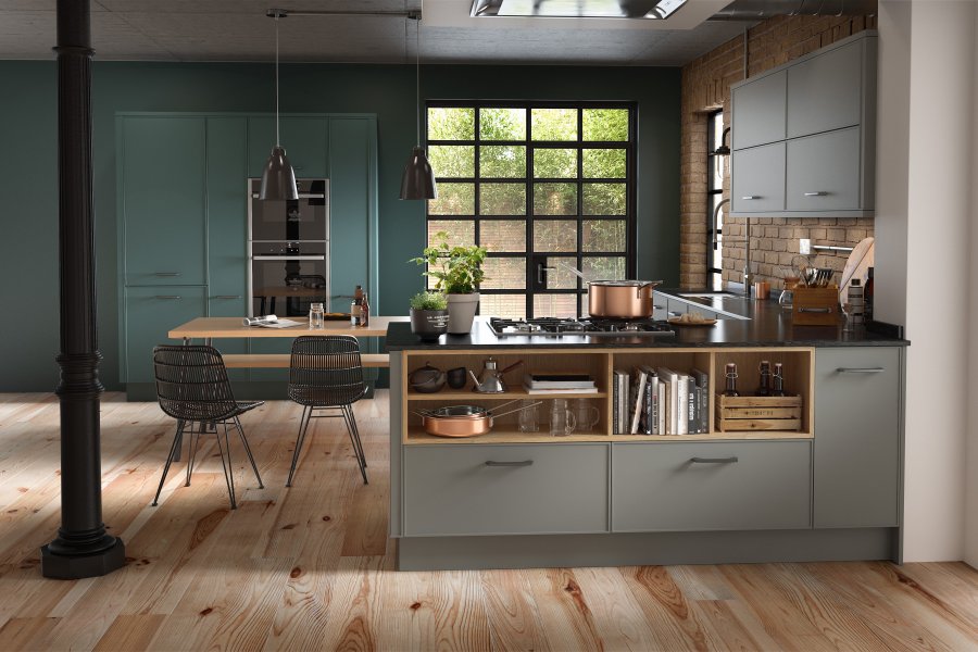 Green modern kitchen with thin frame detail