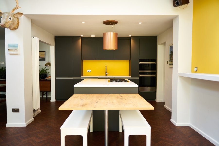 blue modern kitchen with yellow splash back